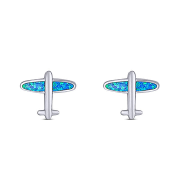 Flying High Aeroplane Stud Earring Created Blue Opal Solid 925 Sterling Silver (8.7mm)